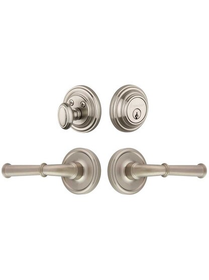 Grandeur Georgetown Entry Door Set, Keyed Alike with Georgetown Levers Left Handed in Satin Nickel.